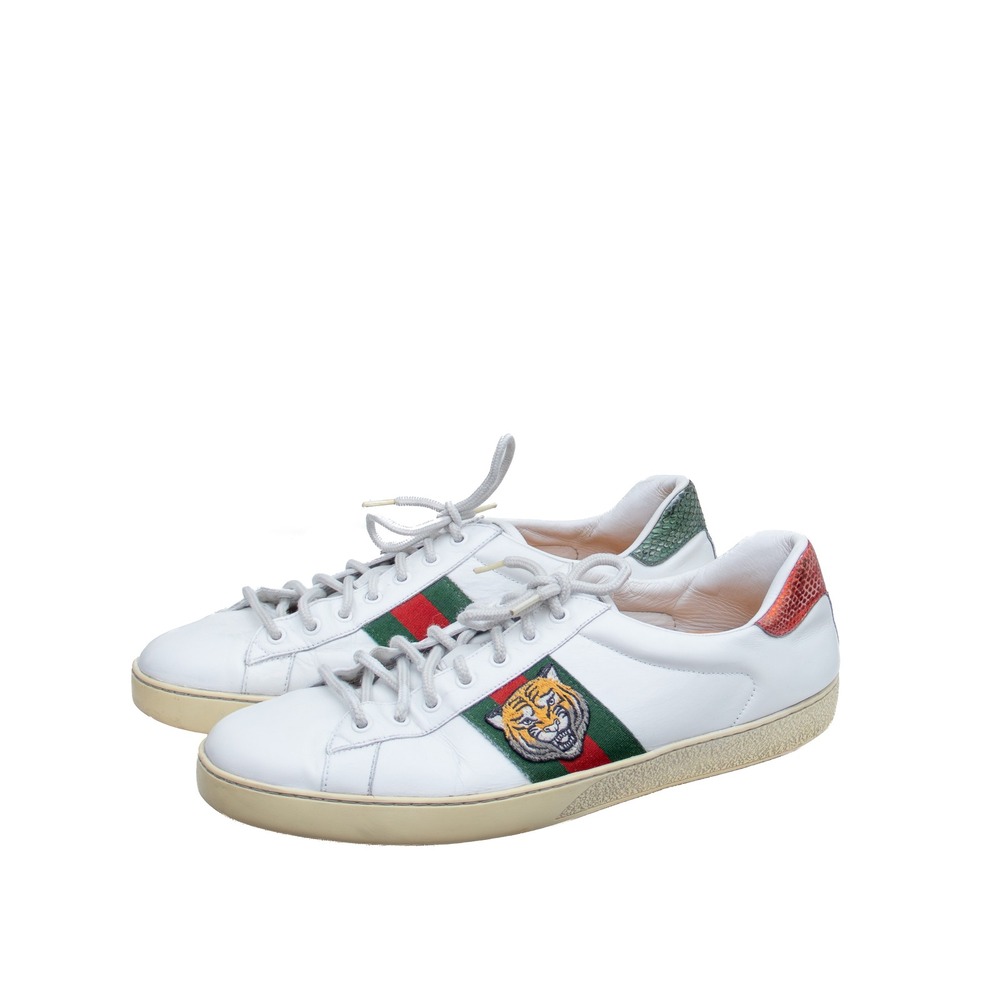 Gucci Ace Tiger Web Sneakers White Leather Snake Heel Men's UK 11.5/US 12.5